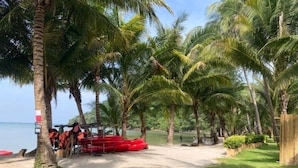 Uma praia com palmeiras, um caiaque vermelho e um caminho de areia.