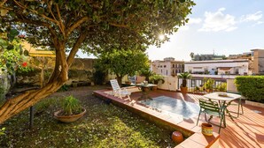 Terraza en la azotea con piscina, mobiliario y plantas en macetas.