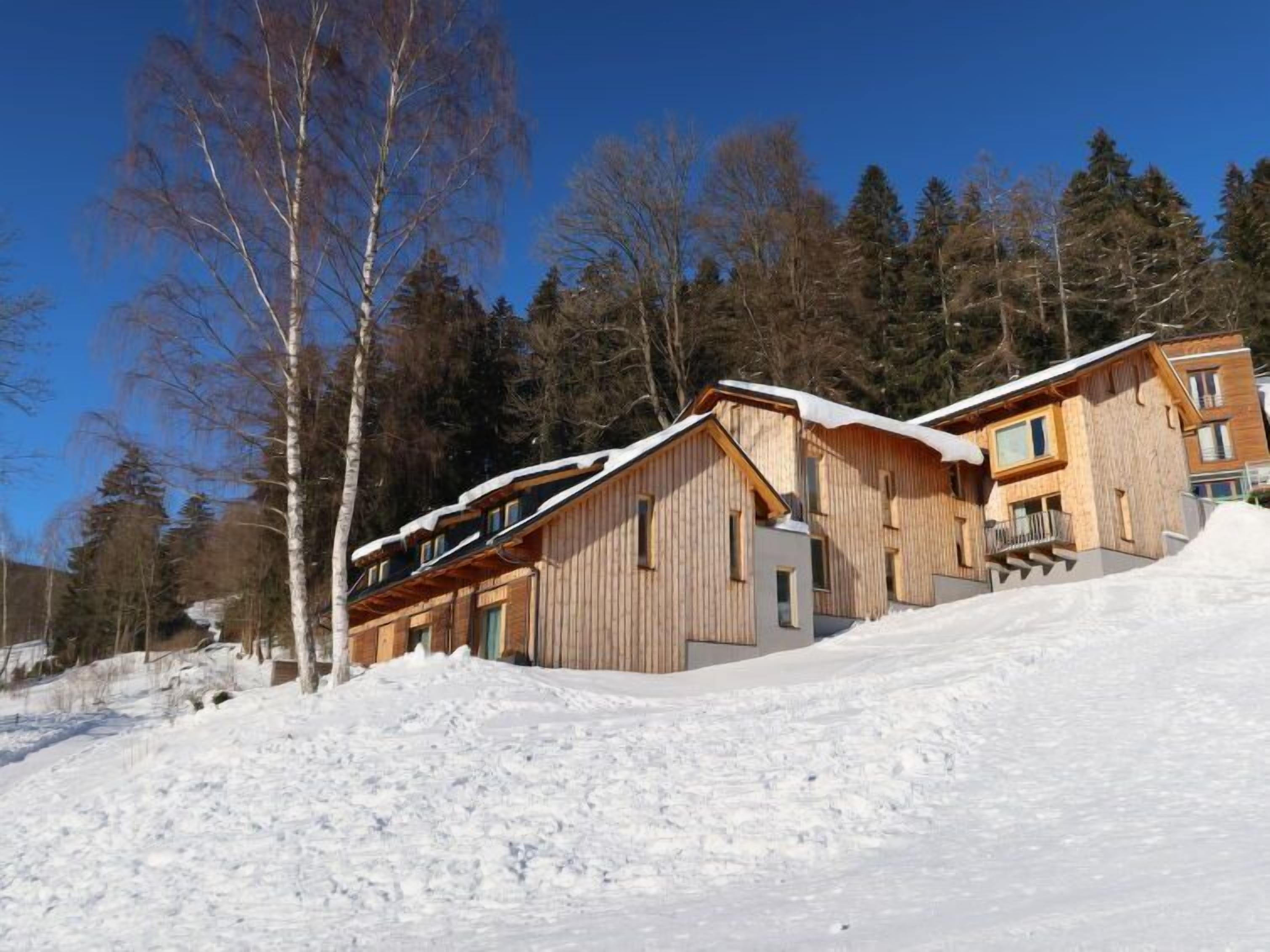 A wooden cabin complex with multiple buildings, surrounded by snow and trees.
