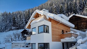 A modern two-story house with a wooden exterior and large windows, surrounded by snow-covered trees and a clear sky.