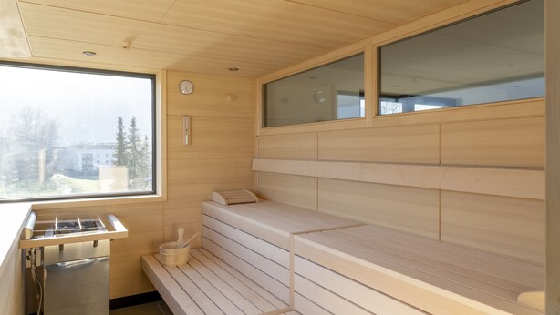 A sauna with wooden benches, a window, and a view of trees outside. - Village by Maier - kontaktloser Check-in (Hohenems)