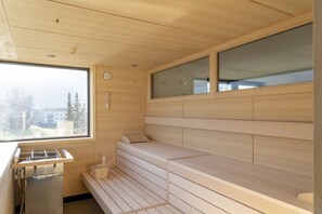 A sauna with wooden benches, a window, and a view of trees outside. - Village by Maier - kontaktloser Check-in (Hohenems)