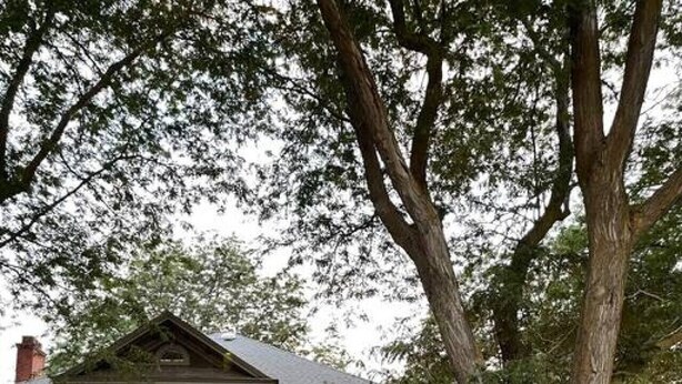 Une maison à deux étages avec un porche à l’avant, une cheminée et un grand arbre devant.