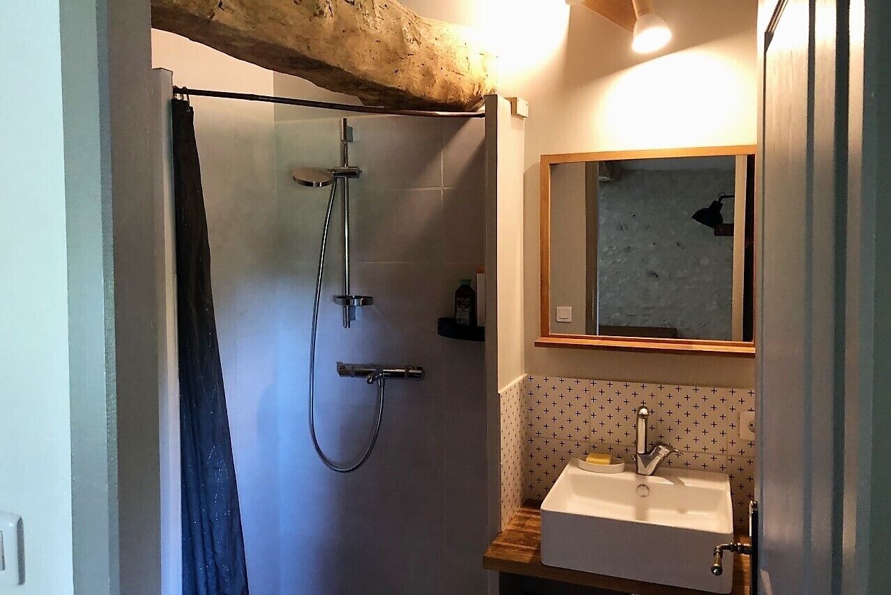 A bathroom with a shower, a sink, and a mirror.