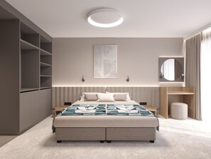 Une chambre moderne avec un grand lit, des étagères intégrées, un miroir fixé au mur et un luminaire au plafond.