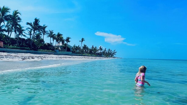 Una playa con agua turquesa cristalina, un niño jugando en el agua y palmeras al fondo.