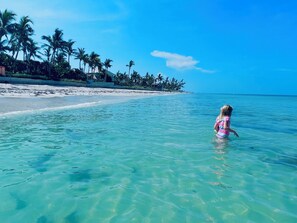 A beach with clear turquoise water, a child playing in the water, and palm trees in the background. - Spacious Villa with outstanding southeast exposure and Gulf access (Cape Coral)