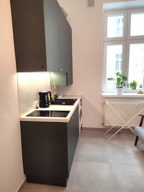 APARTAMENT 3B | Cuisine privée | Réfrigérateur, surface de cuisson, vaisselle et ustensiles, congélateur