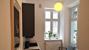 Et moderne værelse med et sort fjernsyn, en radiator, en potteplante og en stol ved et vindue.
