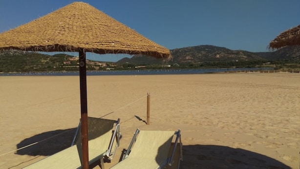Une plage avec un parasol en chaume et un banc en bois.