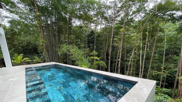 Ein rechteckiger Pool mit klarem, blauem Wasser, umgeben von einer weißen Fliesenveranda und üppigem Wald.