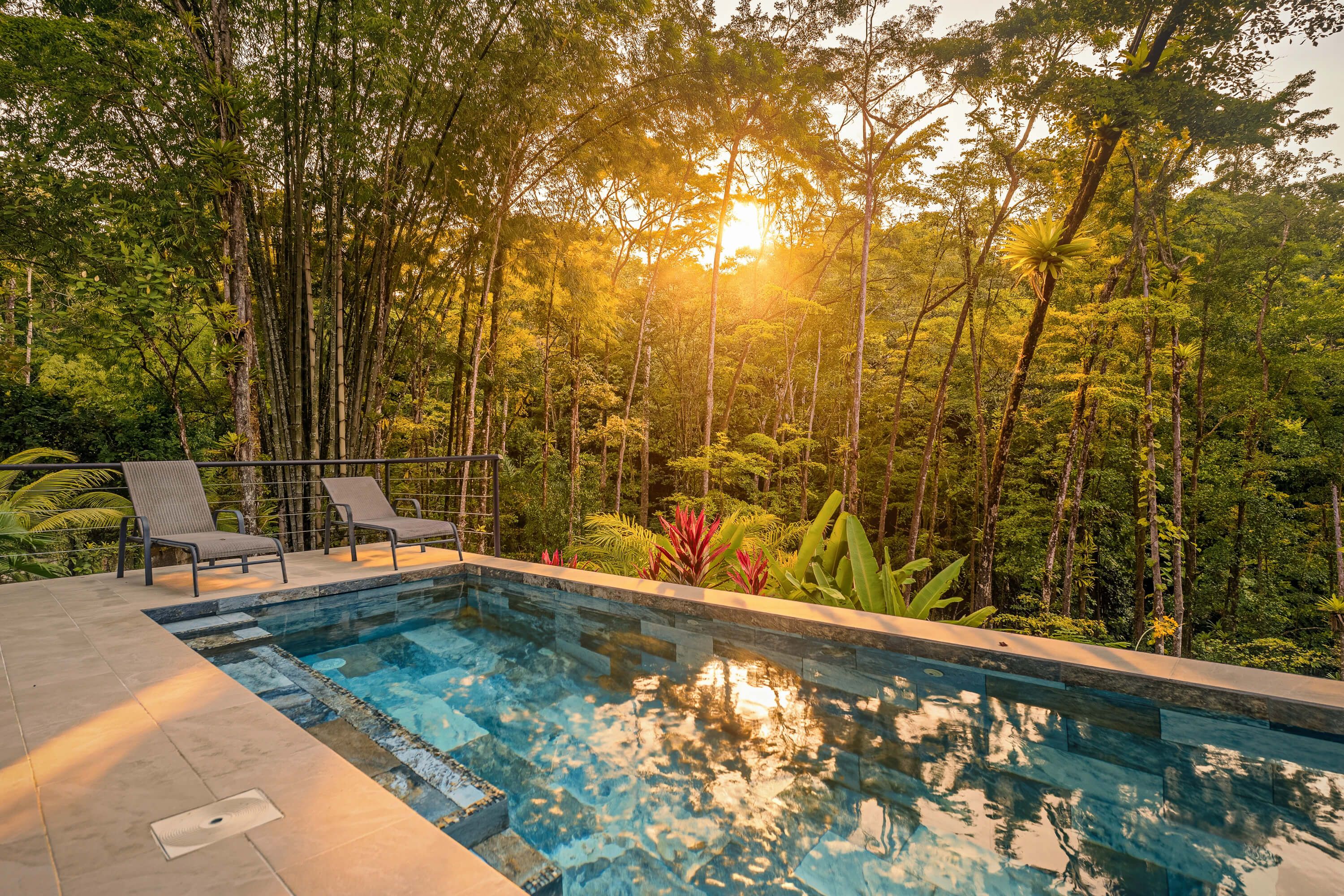Une piscine avec vue sur une forêt dense et un espace détente avec des chaises.