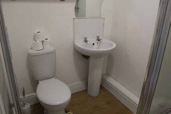 A small bathroom with a toilet, a sink, and a mirror.