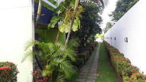 A narrow pathway flanked by lush greenery and flowering plants, leading to a white building with a green and white facade. - Village Duplex, 2 Bedrooms, 100m from the Beach with Pool (Salvador)