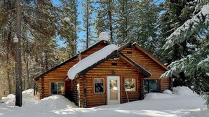 Une cabane en rondins entourée d’arbres couverts de neige.