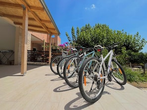 Bicycles are parked in a designated area under a shaded structure.