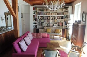 TV, caminetto, libri