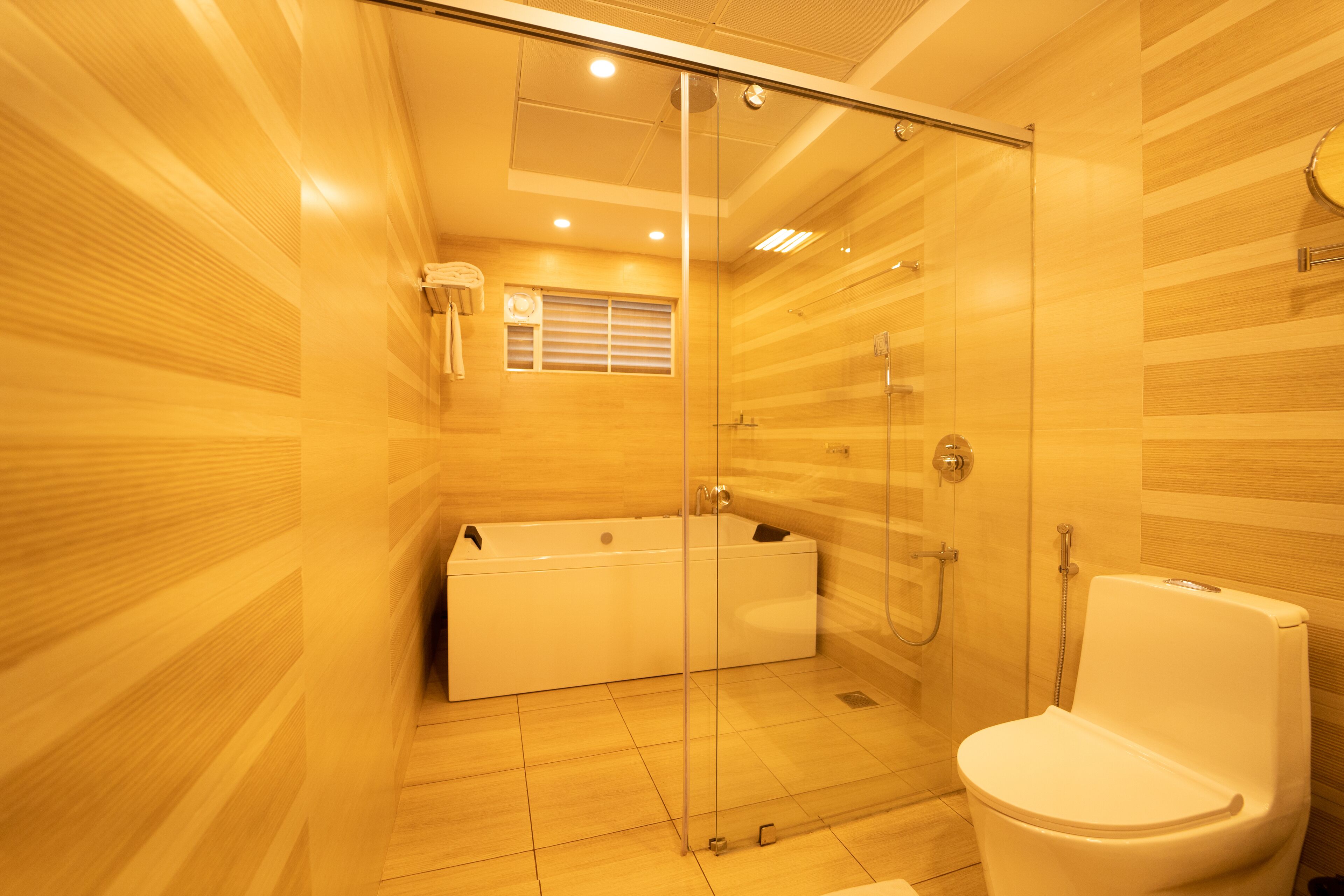 A modern bathroom with a glass-enclosed shower, a bathtub, and a toilet.