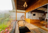 A modern room with a wooden interior, a hanging chair, a small table, and a view of a lush garden.