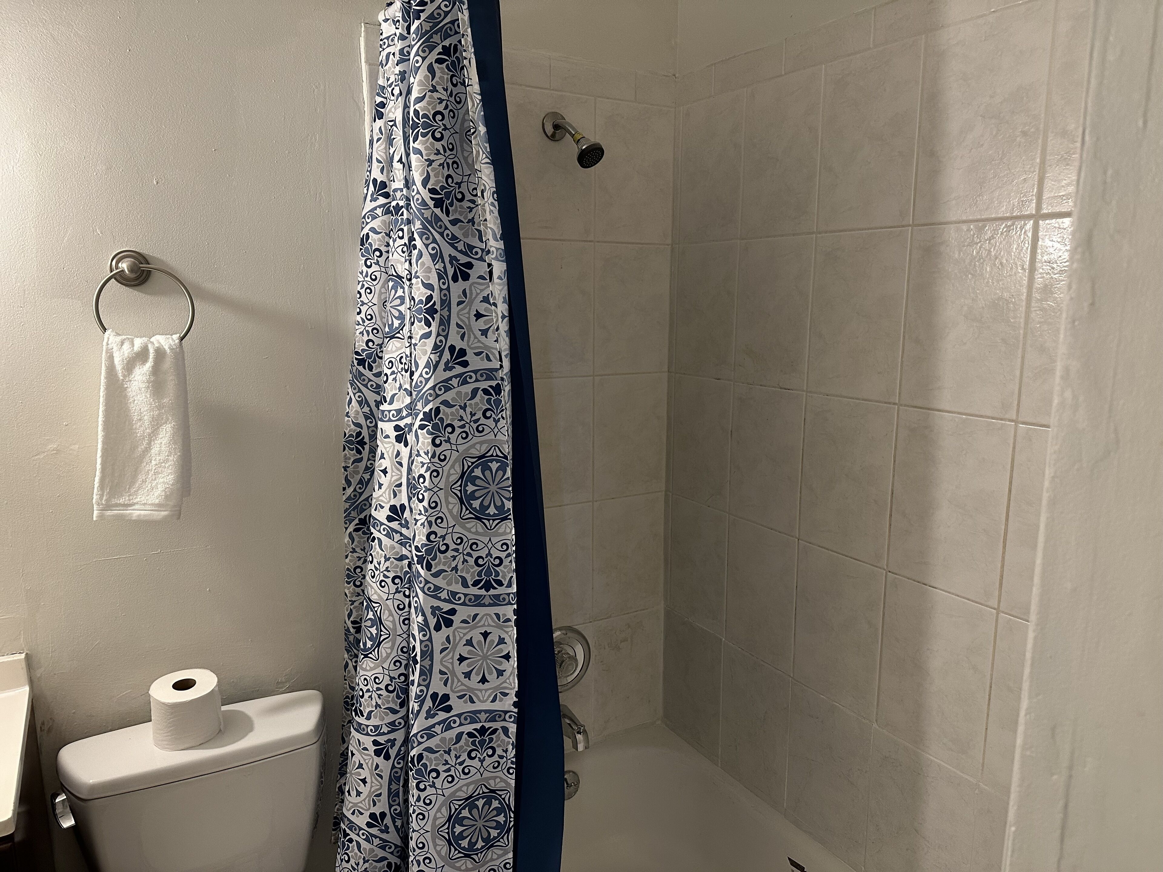 A bathroom with a shower curtain, a toilet, and a towel rack.