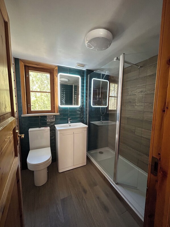 A bathroom with a toilet, sink, and glass shower enclosure.