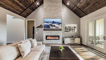 Smart TV, fireplace, video games, DVD player