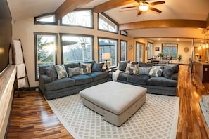 Fireplace, table football, stereo