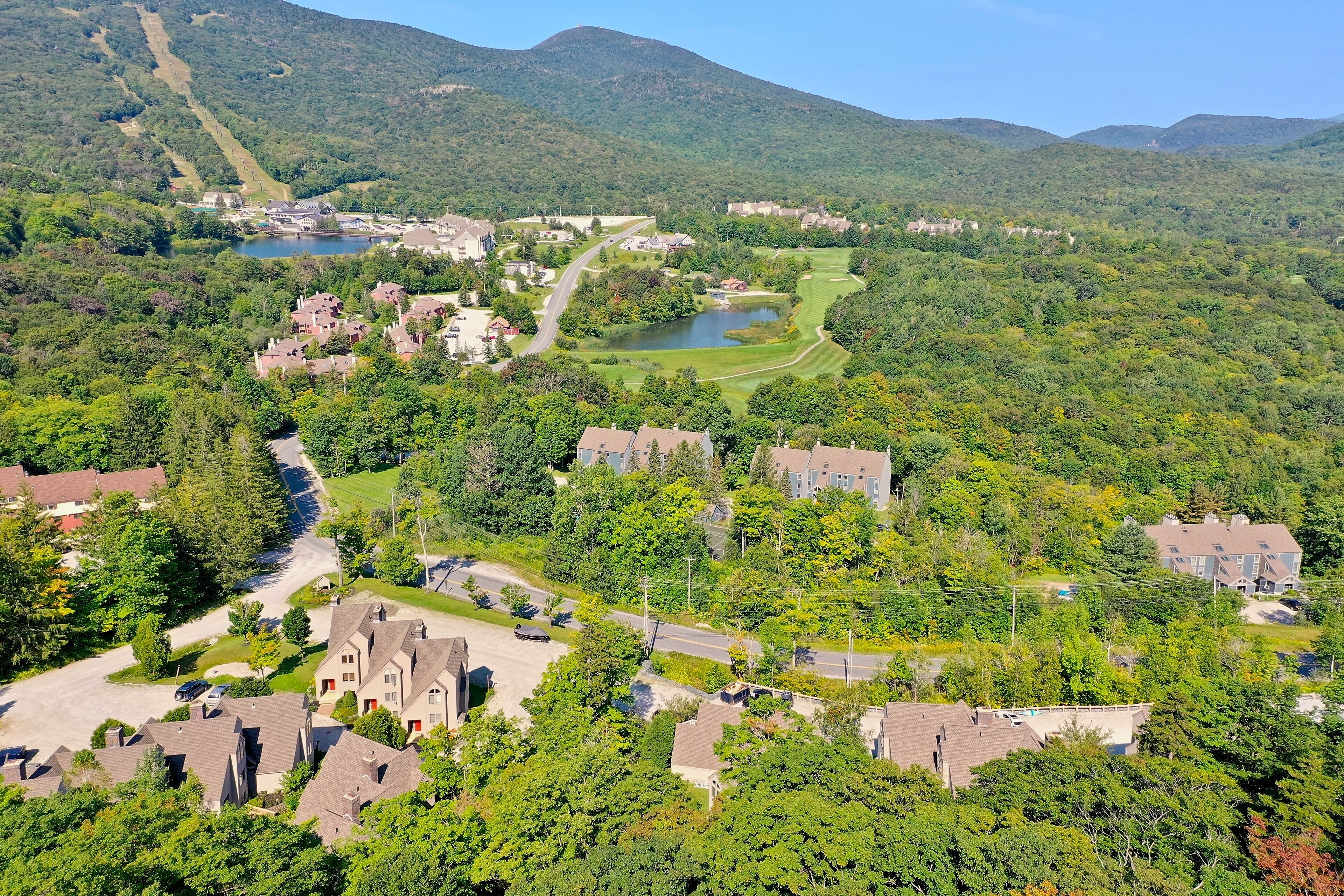 Una vista aerea di una zona residenziale con case, un campo da golf e un lago.
