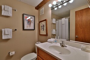 A bathroom with a white sink, a mirror, and a framed picture on the wall. - Hemlock Ridge 2b: Charming Two Floor Condo In The Heart Of Killington. Perfect! 3 Bedroom Condo (Killington)