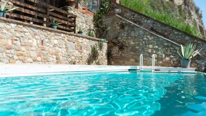 Ein Schwimmbecken mit klarem Wasser, umgeben von Steinmauern und Topfpflanzen.