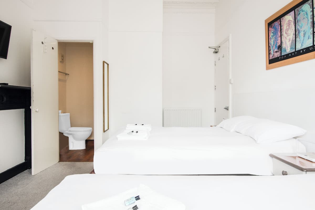 Habitación de hotel con cama, mesita de noche, televisión, baño con inodoro y ducha, y una obra de arte enmarcada en la pared.