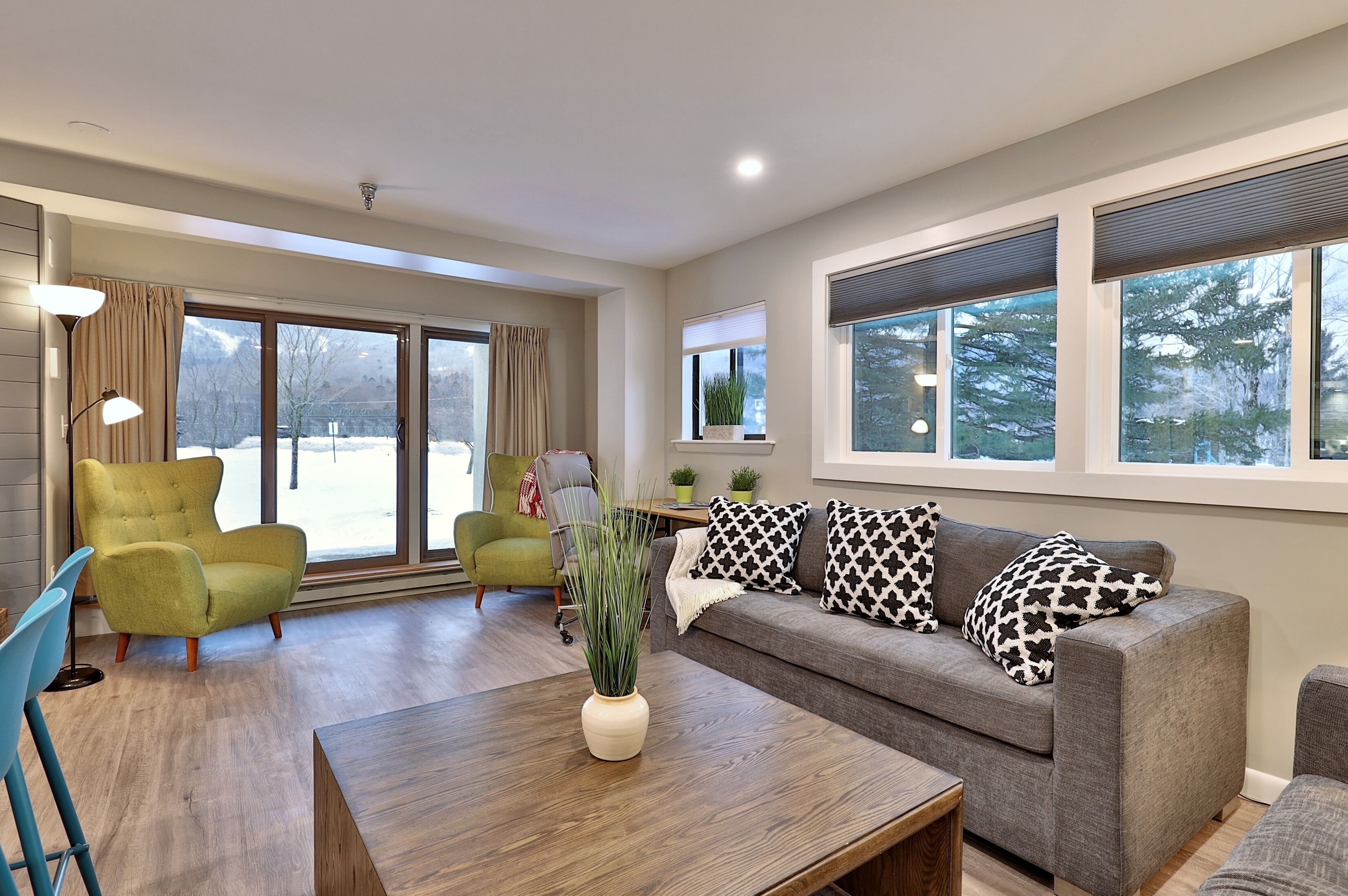 Un salón moderno con un sofá gris, una mesa de centro de madera y un sillón verde. Hay ventanas grandes con cortinas, una planta en maceta y vistas a un paisaje nevado.