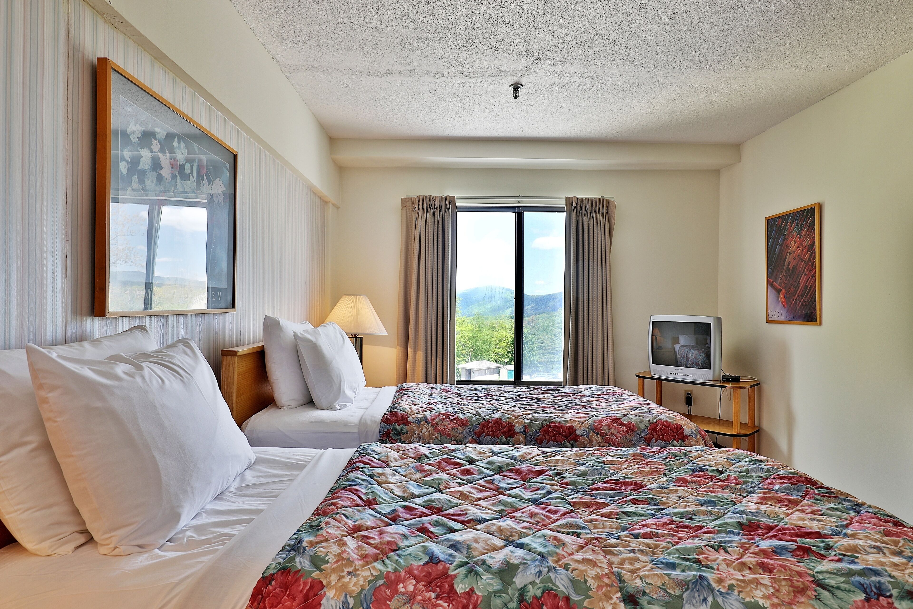 A hotel room with two beds, a TV on a wooden stand, a window with curtains, and a painting on the wall.