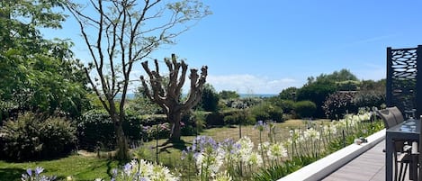 A garden with a wooden deck, a large tree, and various flowers.