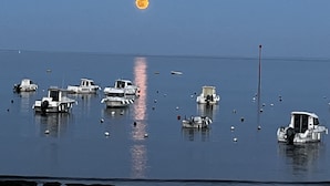 A calm body of water with several boats anchored.