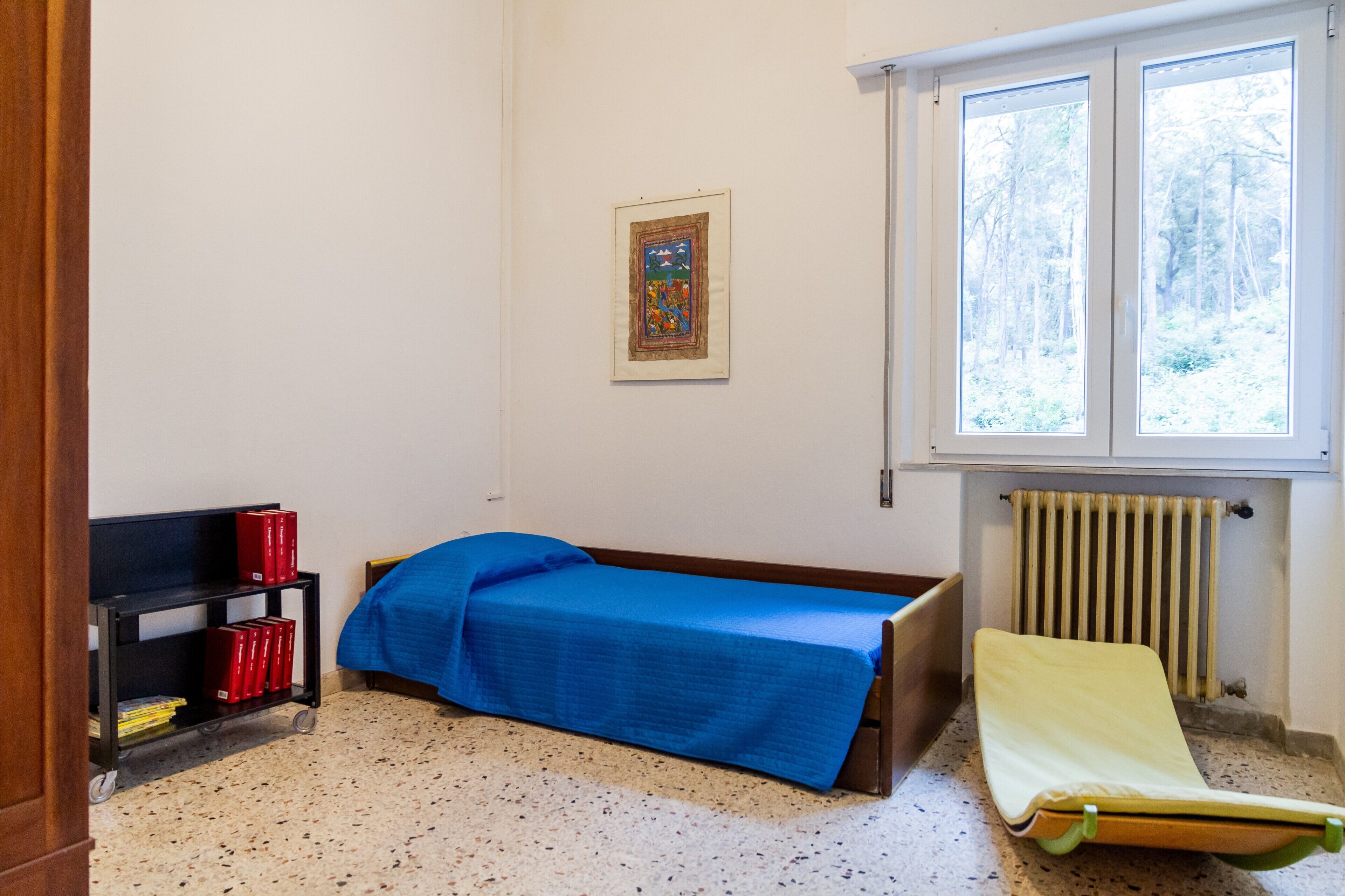 Ein Zimmer mit einem Bett, einem Heizkörper, einem Fenster mit Blick auf Bäume, einem Bücherregal und einem gerahmten Bild an der Wand.