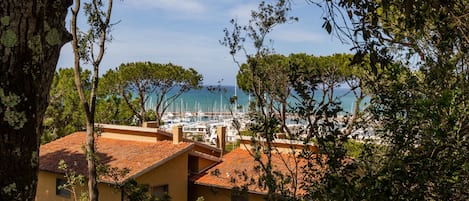 A coastal view with a marina, buildings with red-tiled roofs, and lush greenery.