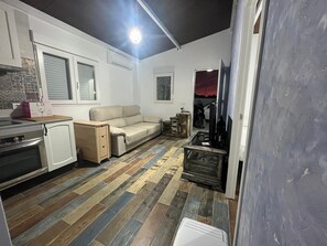 A compact living space with a kitchenette, a sofa, and a television.