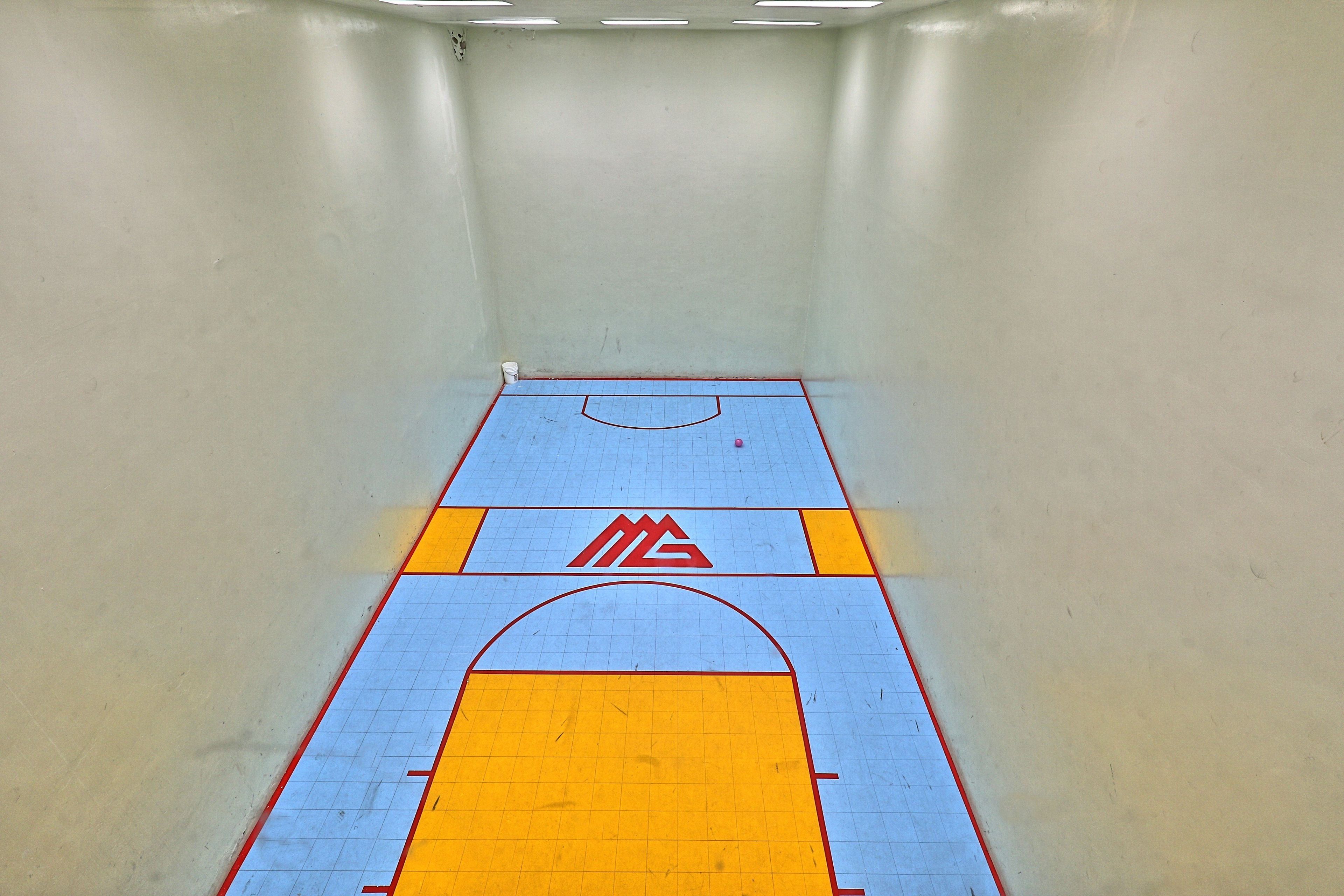 Ein Basketballplatz mit einem Logo und einem Korb.