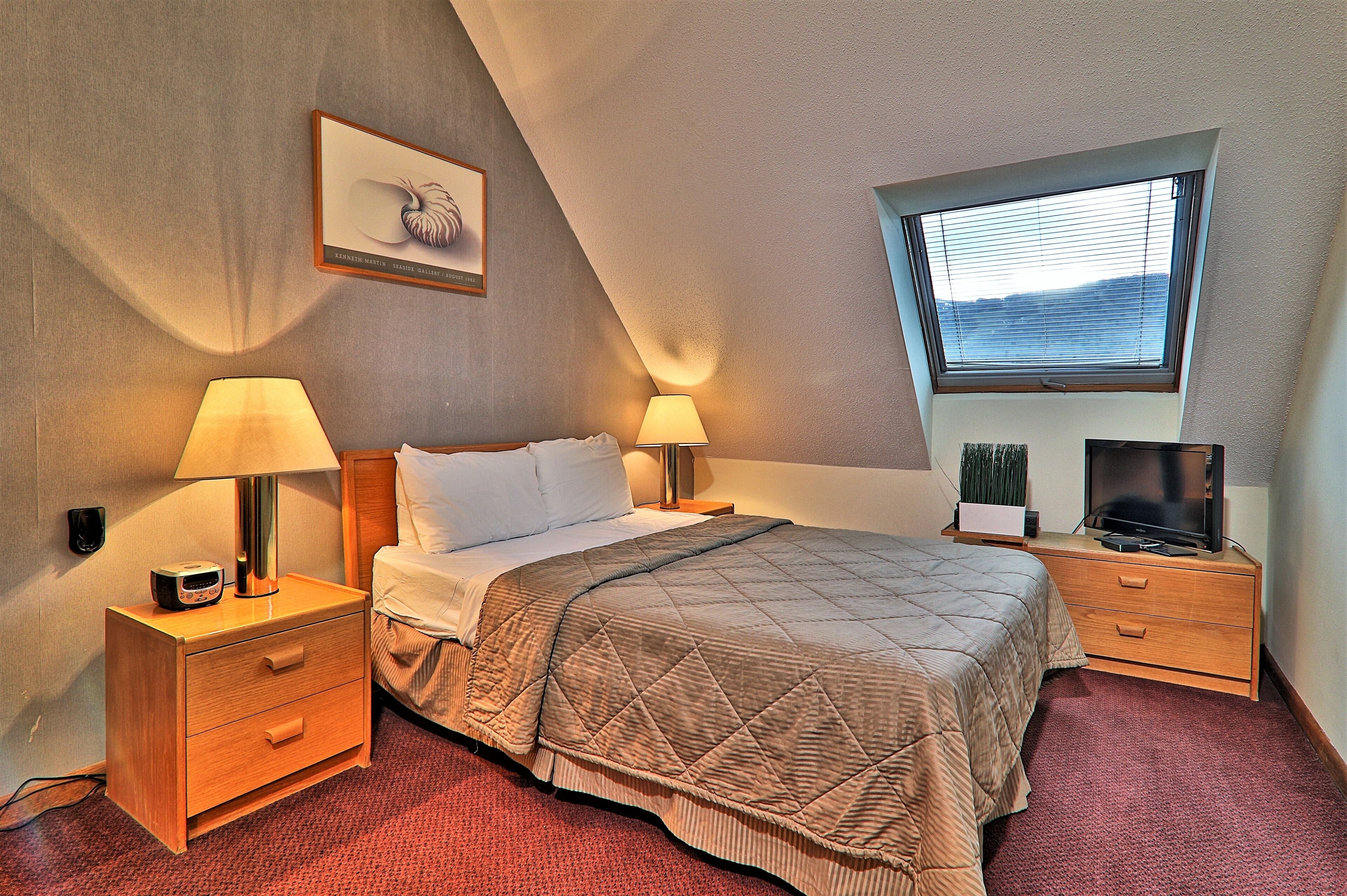 A bedroom with a bed, two bedside tables with lamps, a TV, and a window with a view.