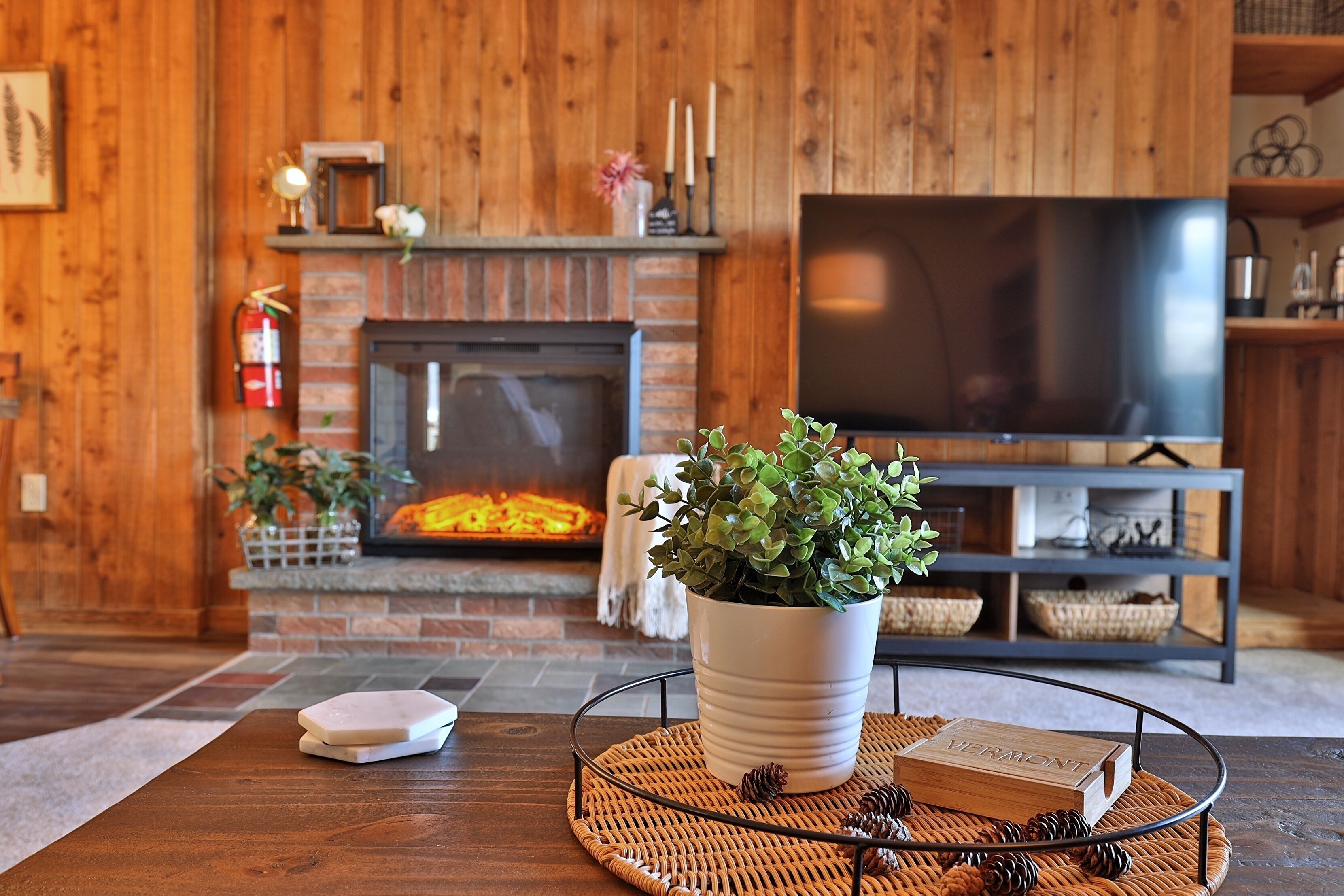 A living room with a fireplace, a television, and a potted plant on a table.