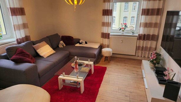 A modern living room with a sofa, a glass coffee table, and a red rug. - Berg vacation apartment in Annaberg-Buchholz in the heart of the Ore Mountains  (Annaberg-Buchholz)