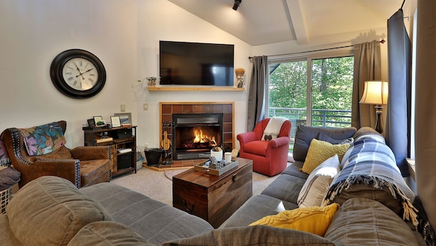 Una sala de estar con chimenea, televisor y un ventanal con cortinas.