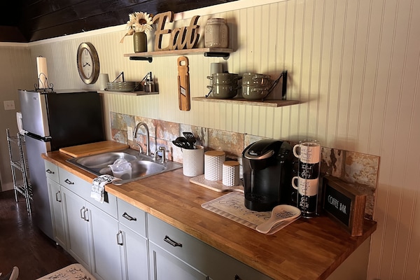 Kühlschrank, Mikrowelle, Wasserkocher mit Kaffee-/Teezubehör, Toaster