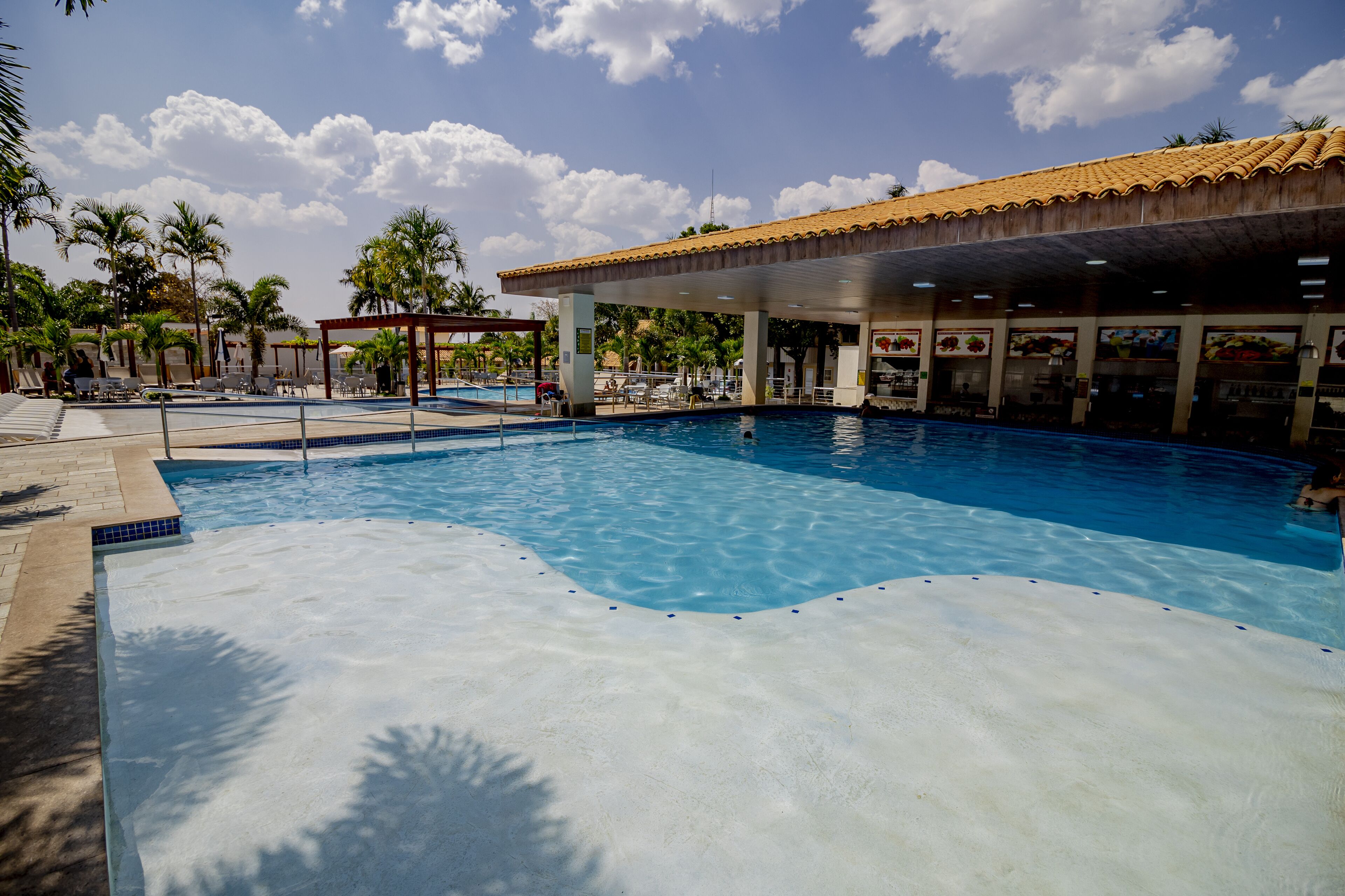 Una piscina con bordo piastrellato, una zona coperta con tetto in tegole e palme sullo sfondo.