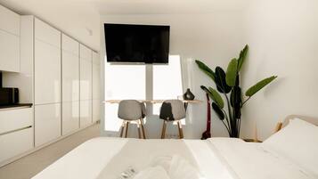 Schreibtisch, laptopgeeigneter Arbeitsplatz, BĂŒgeleisen/BĂŒgelbrett, WLAN