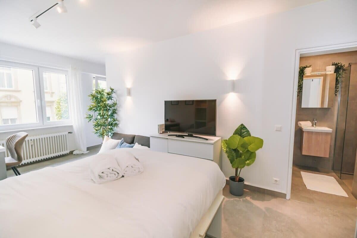 A modern hotel room with a large bed, a flat-screen TV, a potted plant, and a bathroom with a mirror and sink.
