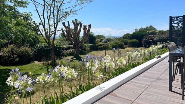 A garden with a wooden deck, a large tree, and various flowers. - Charming house on the heights of St Jacques with sea view (Sarzeau)