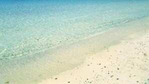 Une plage à l’eau turquoise et limpide, un rivage sablonneux et un voilier à l’horizon.