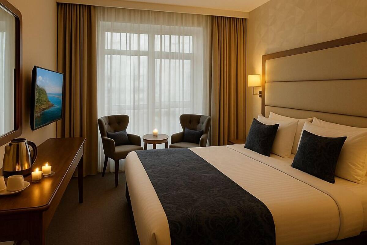 Egyptian cotton sheets, premium bedding, minibar, desk